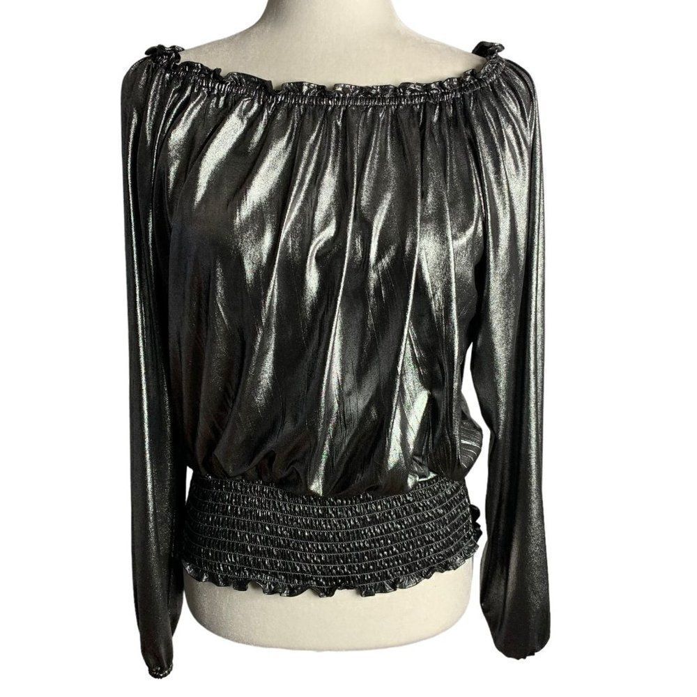 John Paul Richard Metallic Crop Top M Silver Off Shoulder Long Sleeve Shirring